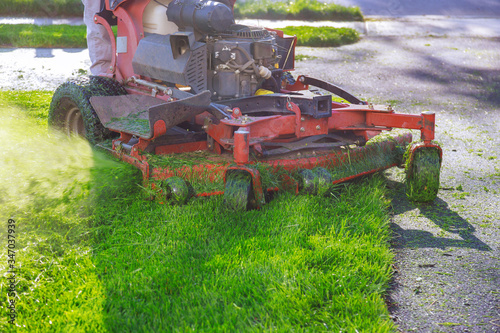Gardening activity, lawn mower cutting the grass.