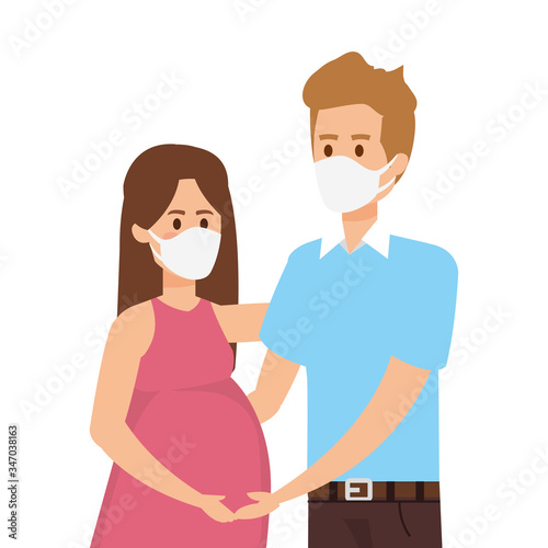 couple pregnancy using face mask vector illustration design