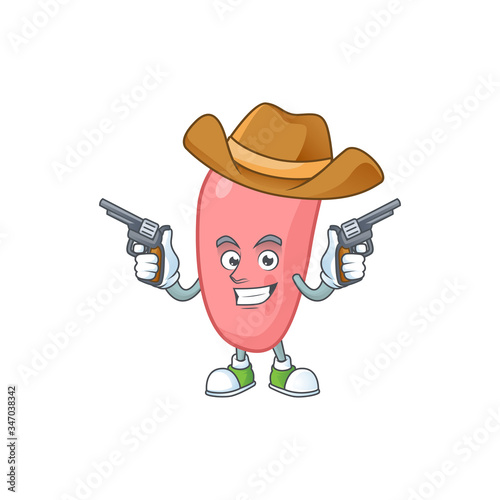 A cowboy cartoon character of neisseria gonorhoeae holding guns