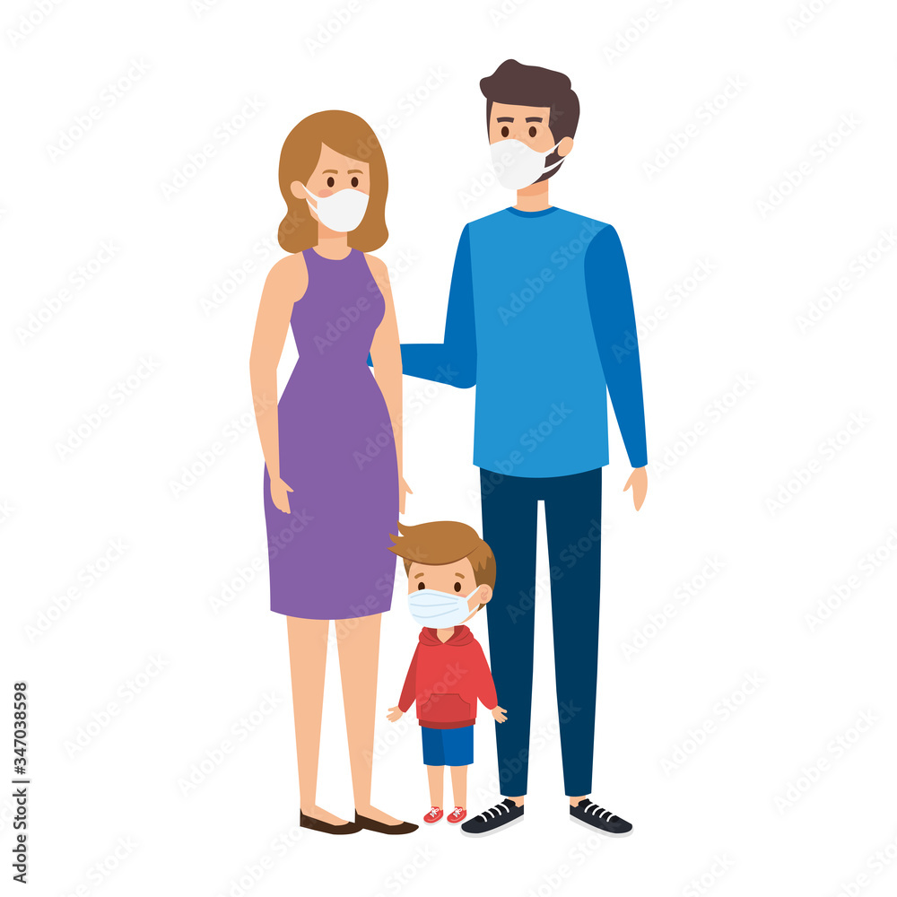parents with son using face mask vector illustration design
