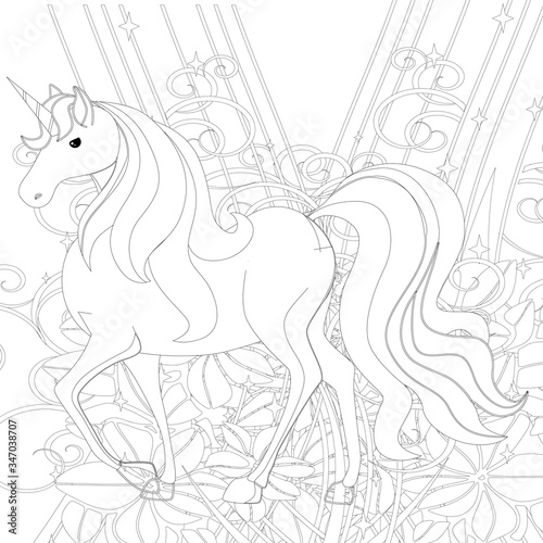 Unicorn .Colored book. Horse head sleep. . Black and white sticker, icon isolated. Cute magic cartoon fantasy animal. Dream symbol. Design for children, baby room interior, scandinavian 