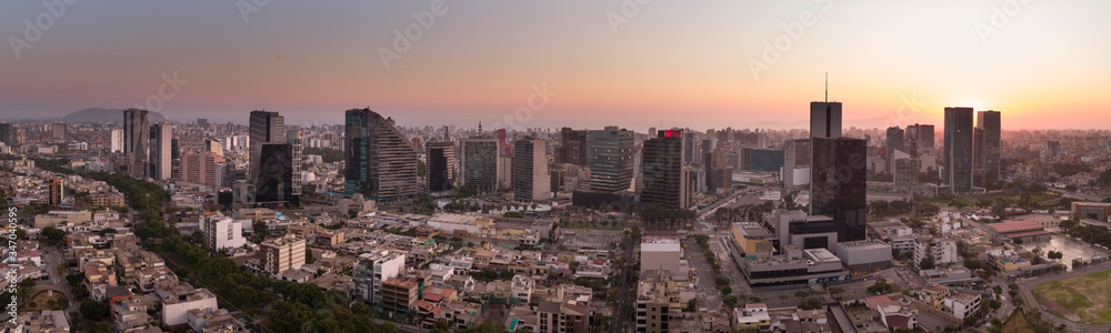 Aerial drone view of the buildings of the business town of San Isidro district in Lima city at lockdown on coronavirus pandemic in 2020, in Peru.