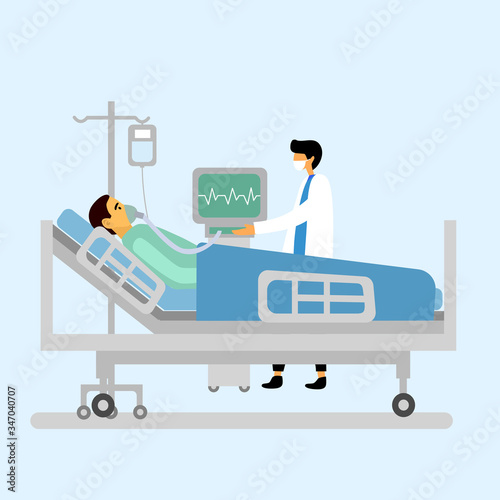 Man patient on artificial lung ventilation in intensive care unit. Patient infected by Covid19 Coronavirus and get treatment in hospital. Doctor is treating a man lying on bed in hospital room.