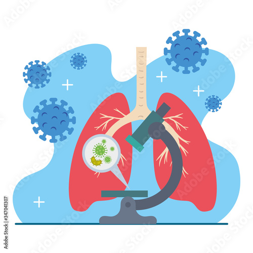 microscope with particles covid 19 and lungs vector illustration design
