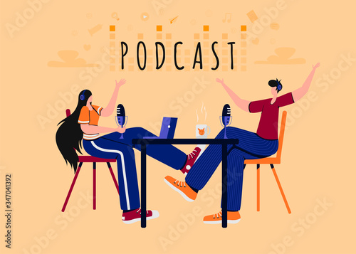 People recording podcast in studio flat vector illustration. Radio host interviewing guests on radio station cartoon characters. Young DJ, man and woman in headphones talking. Broadcasting