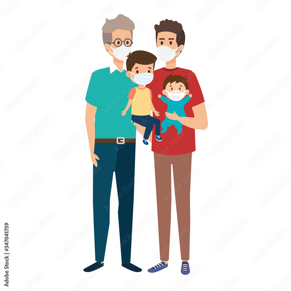 fathers gay with children using face mask vector illustration design