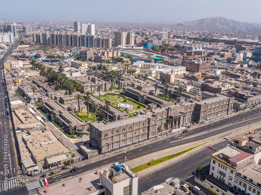 Aerial drone view of the LOayza Hospital in  Lima city at lockdown on coronavirus pandemic in 2020, in Peru.