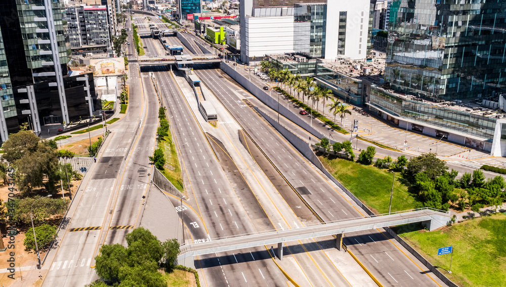 Aerial drone view empty streets of Lima city at lockdown on coronavirus pandemic in 2020, in Peru. Aerial drone view empty streets of Lima city at lockdown on coronavirus pandemic in 2020, in Peru.