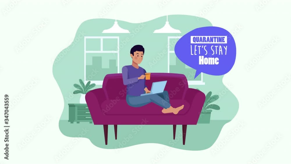 stay at home campaign with man using laptop in sofa stay at home campaign with man using laptop in sofa