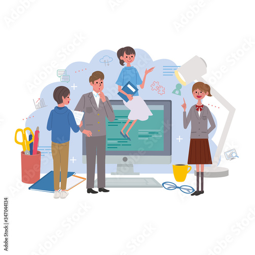パソコン　オンライン授業　オンライン学習　イメージ　イラスト　セット
