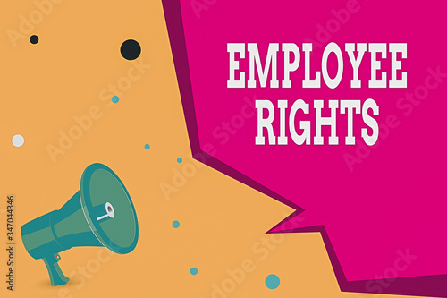 Conceptual hand writing showing Employee Rights. Concept meaning All employees have basic rights in their own workplace Megaphone Loudspeaker and Blank Geometric shape Half Speech Bubble photo