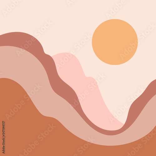 Fototapeta Abstract contemporary aesthetic background with landscape, desert, mountains, Sun