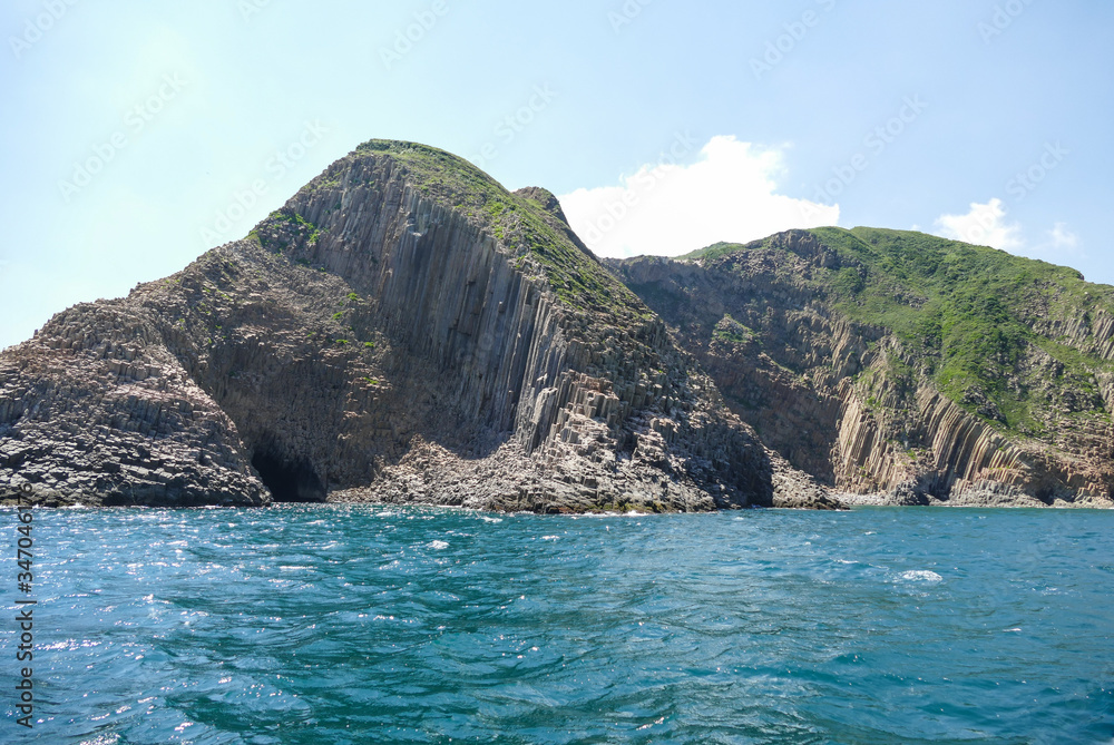 Huge hexagonal columnar joints of volcanic rock at Hong Kong Global Geopark, China 