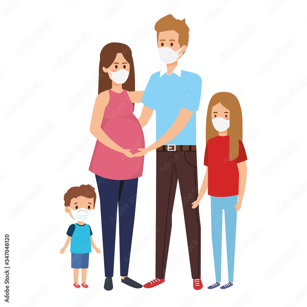 parents with children using face mask vector illustration design