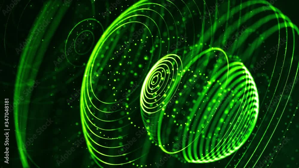 4k looped sci-fi green background with bokeh and light effects. Glow green color particles form lines, surfaces, string spherical structures as virtual space or hologram for HUD screen. 2