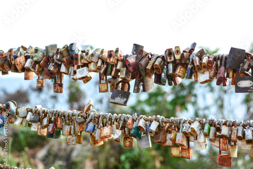 Tha Mai, Chanthaburi, Thailand, 7 September 2019, Padlocks show symbol of a couples everlasting love, forever and togetherness, Hang the keys on the suspension cable to show confidence in love