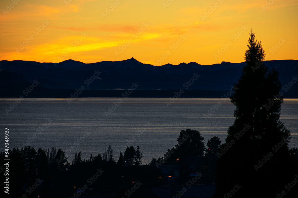 Sunset with yellow colors over Lake Nahuel Huapi, Argentina