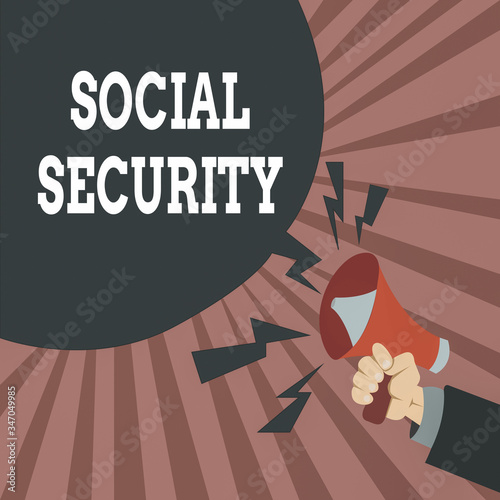 Conceptual hand writing showing Social Security. Concept meaning assistance from state showing with inadequate or no income Male Hu analysis Hand Holding Megaphone Blank Speech Bubble photo