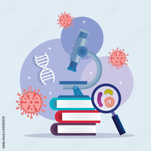 microscope with microorganisms and icons vector illustration design