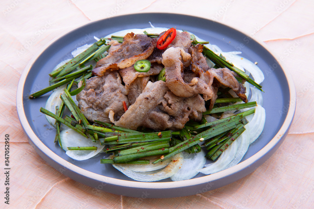Fried Beef Brisket with garlic chives salad Fried Beef Brisket with garlic chives salad