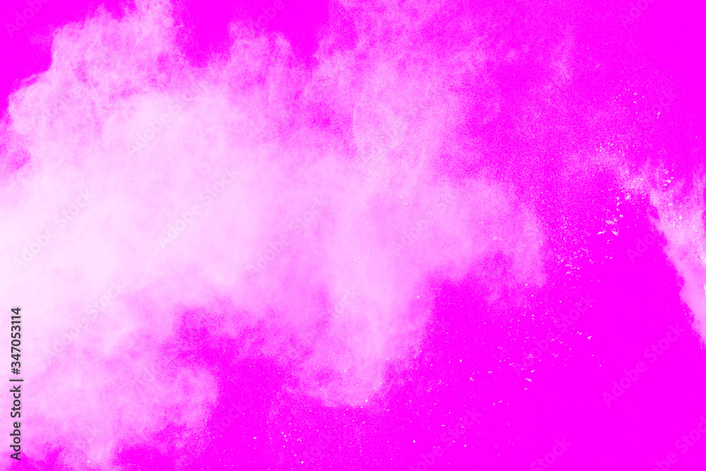 Freeze motion of white particles on pink background. Abstract white dust explosion.