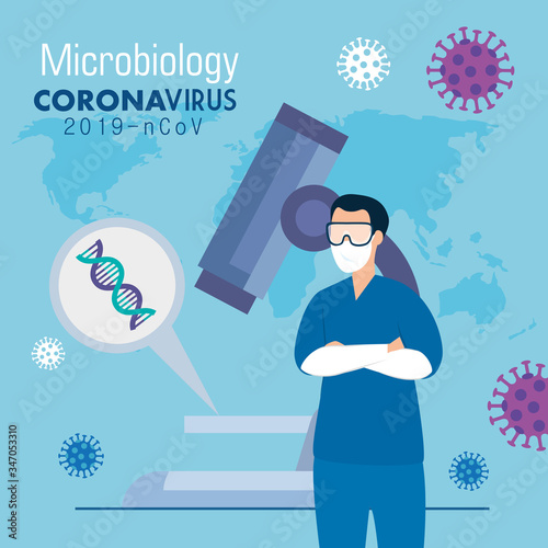 microbiology for covid 19 with paramedic and medical icons vector illustration design