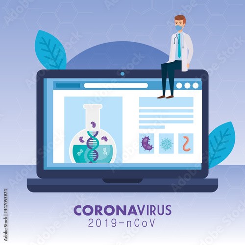 doctor with medicine online by test of covid 19 vector illustration design