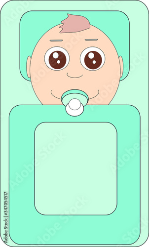 Baby with dummy lying in a blue crib on white isolated background, vector illustration of baby boy in bed with dummy lying in bed.