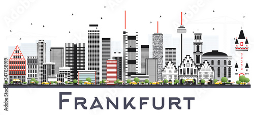 Frankfurt Germany City Skyline with Color Buildings Isolated on White.
