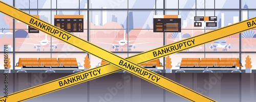 empty airport with yellow bankruptcy tape coronavirus pandemic quarantine covid-19 concept no people terminal interior horizontal vector illustration