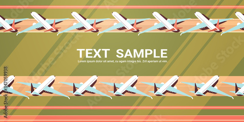 airport with parked airplanes at taxiway coronavirus pandemic quarantine covid-19 concept empty no people terminal horizontal copy space vector illustration