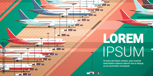 airport with parked airplanes at taxiway coronavirus pandemic quarantine covid-19 concept empty no people terminal horizontal copy space vector illustration