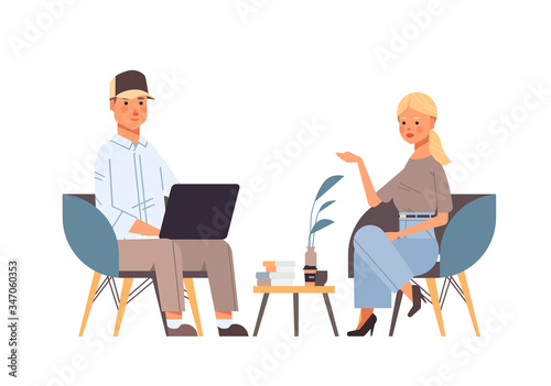 couple discussing during meeting man using laptop interviews with beautiful girl business communication concept horizontal full length vector illustration