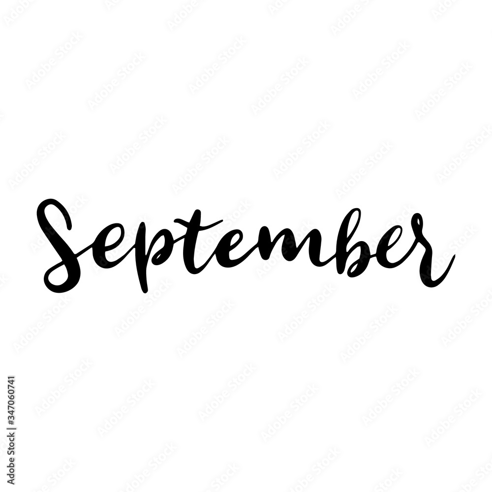 Hand drawn lettering September. Modern calligraphy for greeting card, banner, flyer, label, sign, t-shirt, print, poster and calendar.
