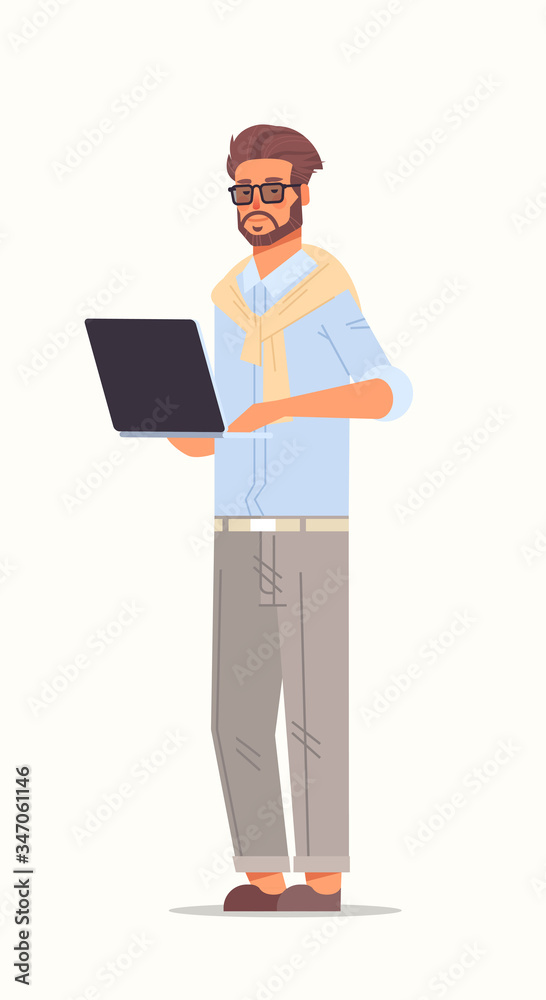businessman using laptop business man working on notebook male cartoon character standing pose full length vertical vector illustration businessman using laptop business man working on notebook male cartoon character standing pose full length vertical vector illustration