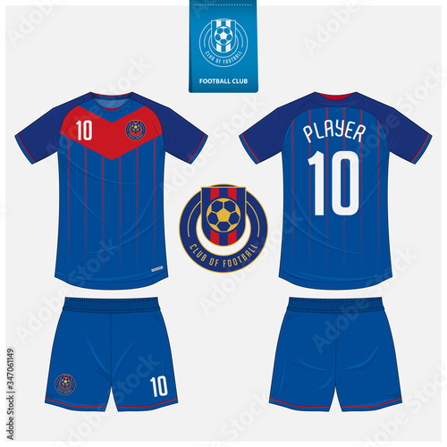 Soccer jersey or football kit mockup template design for sport club. Football t-shirt sport, shorts mock up. Soccer uniform in front view, back view . Soccer logo in flat design. Vector Illustration.