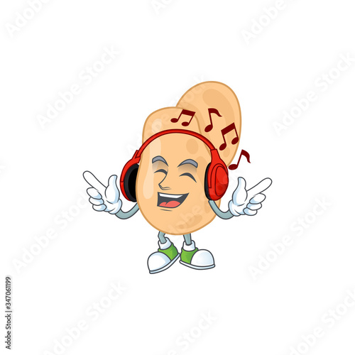 Cartoon mascot design sarcina enjoying music with headset