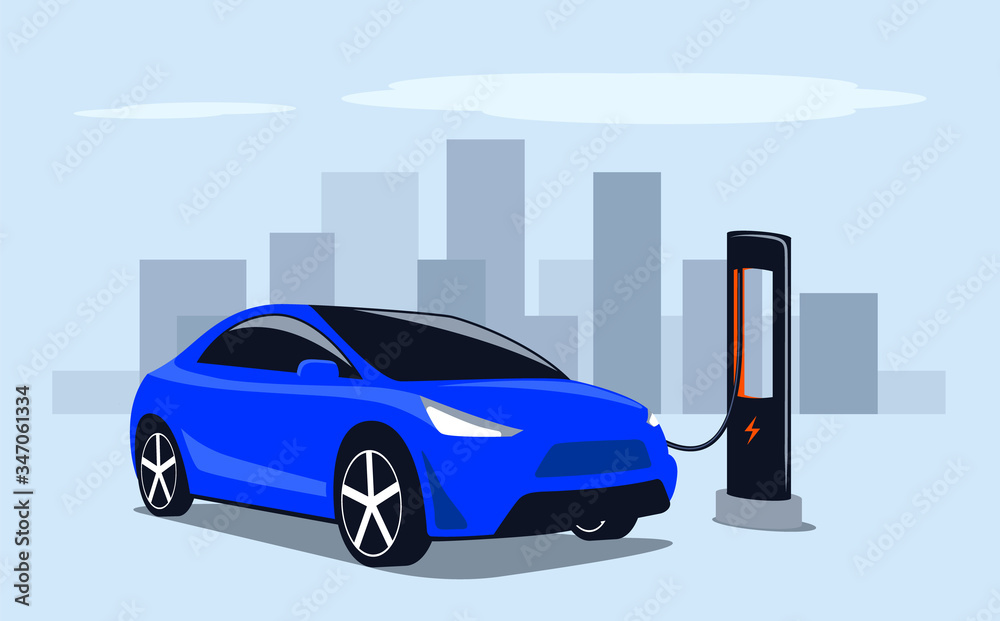 Electric transport. Fast charge a car with electricity at a public power station in the city. Vector illustration.