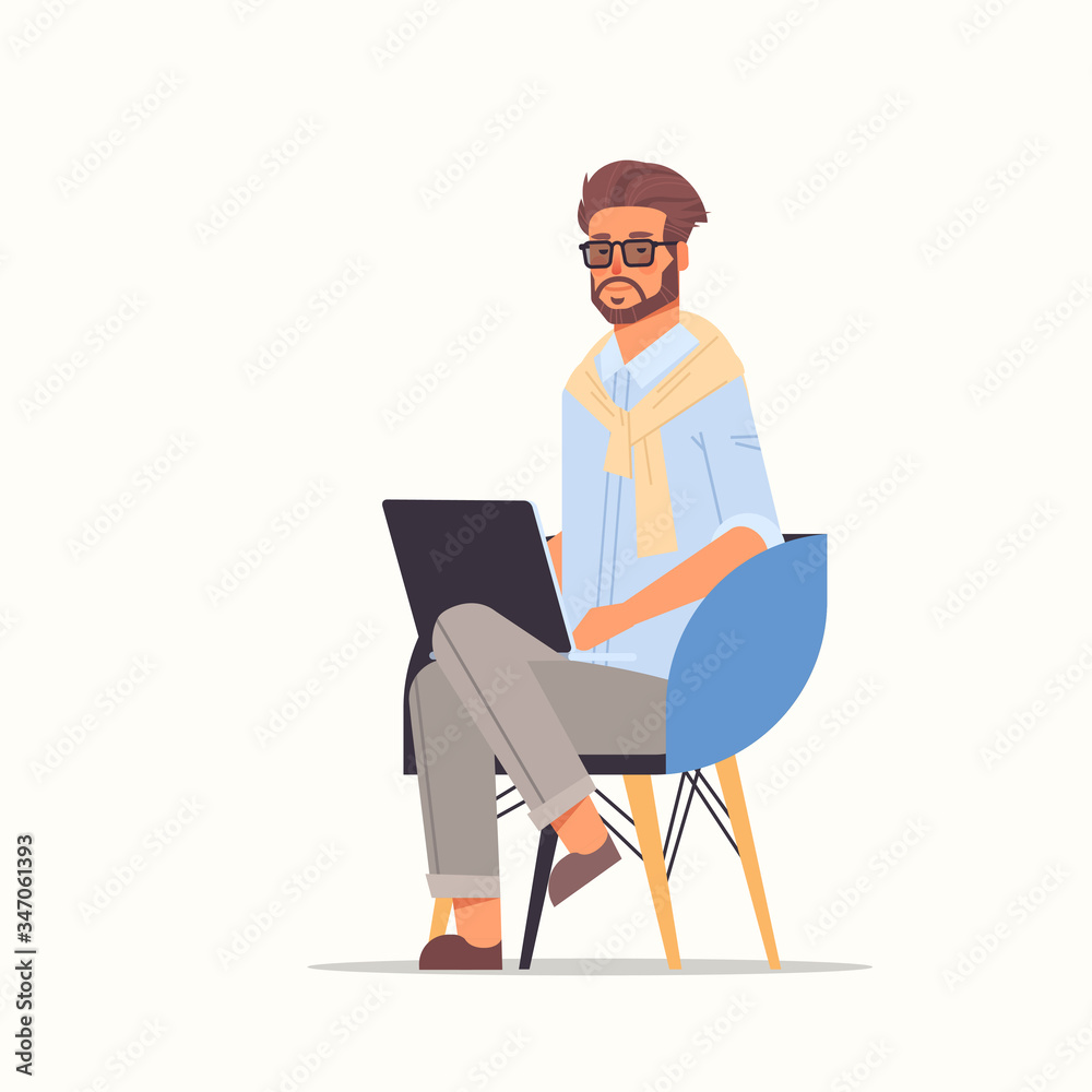 businessman using laptop business man working on notebook male cartoon character sitting on chair full length vector illustration businessman using laptop business man working on notebook male cartoon character sitting on chair full length vector illustration