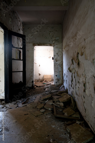 Interior of an old abandoned corridor of a deserted hospita