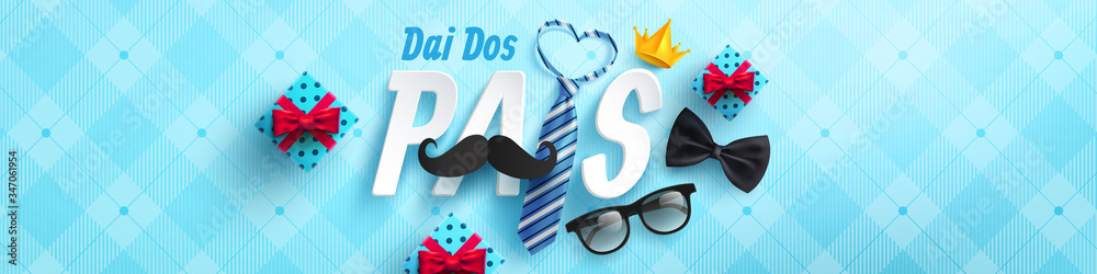 Happy Father's Day card in portuguese words with necktie and glasses for dad on blue.Promotion and shopping template for Father's Day.Vector illustration EPS10 - obrazy, fototapety, plakaty 