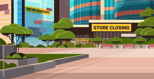 empty business center with store closing sign coronavirus pandemic quarantine covid-19 concept no people shopping mall retail store exterior horizontal vector illustration