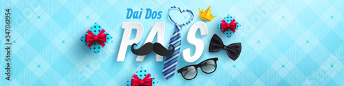 Happy Father's Day card in portuguese words with necktie and glasses for dad on blue.Promotion and shopping template for Father's Day.Vector illustration EPS10