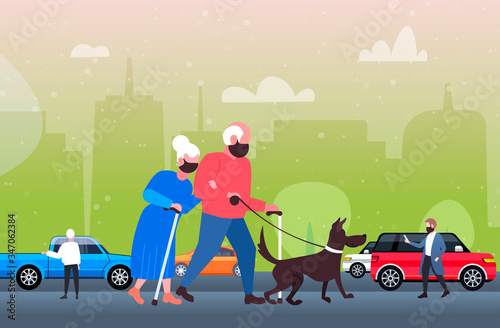 mature couple walking with dog senior man woman wearing mask to prevent coronavirus pandemic covid-19 quarantine concept cityscape background horizontal full length vector illustration