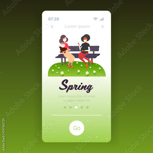 pregnant woman and mother with child in face masks to prevent coronavirus pandemic covid-19 quarantine concept smartphone screen mobile app full length vector illustration