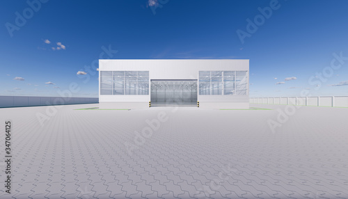 Warehouse or industry building interior exterior. Use as distribution center for loading, storage, warehousing, shipping and freight forwarding of cargo. Empty space, concrete floor inside. 3d render. © DifferR