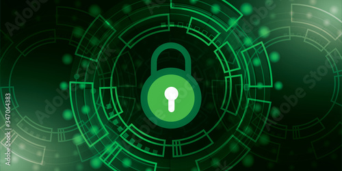 green light data lock icon and circle circuit digital on green background
