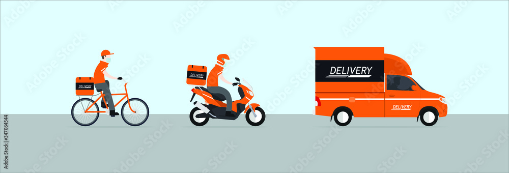 Coronavirus, covid 19 quarantine delivery, Online order and food or product express delivery concept, delivery man in respiratory mask, truck scooter and bicycle, Vector illustration