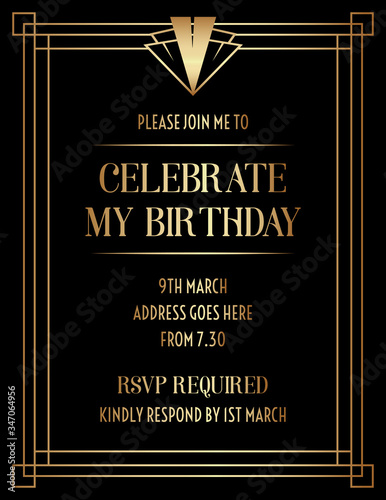 Geometric Art Deco Style Black Gold Print Invitation Design.