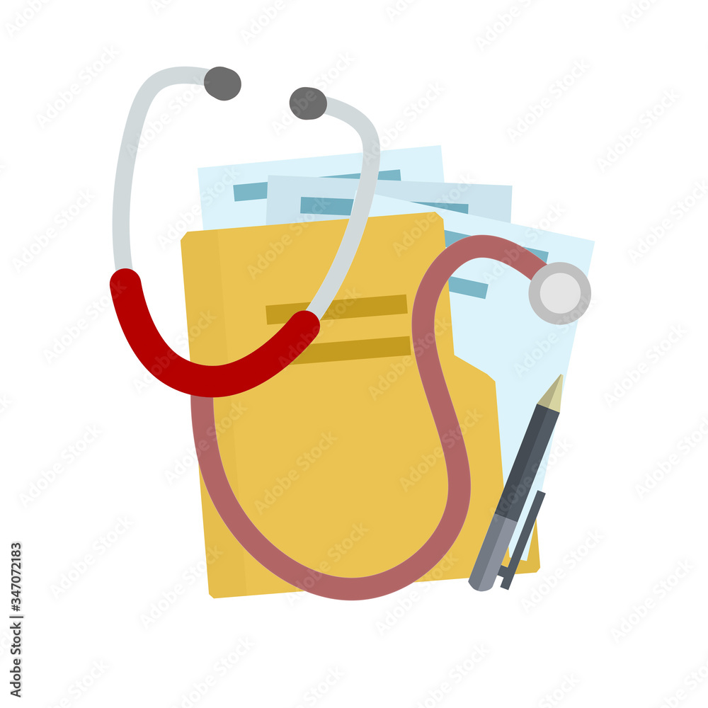 Set of medical objects. Paper file folder with diagnostics and analysis. Stethoscope for treatment and pen. Doctor tool. Hospital icon. Flat cartoon illustration Set of medical objects. Paper file folder with diagnostics and analysis. Stethoscope for treatment and pen. Doctor tool. Hospital icon. Flat cartoon illustration